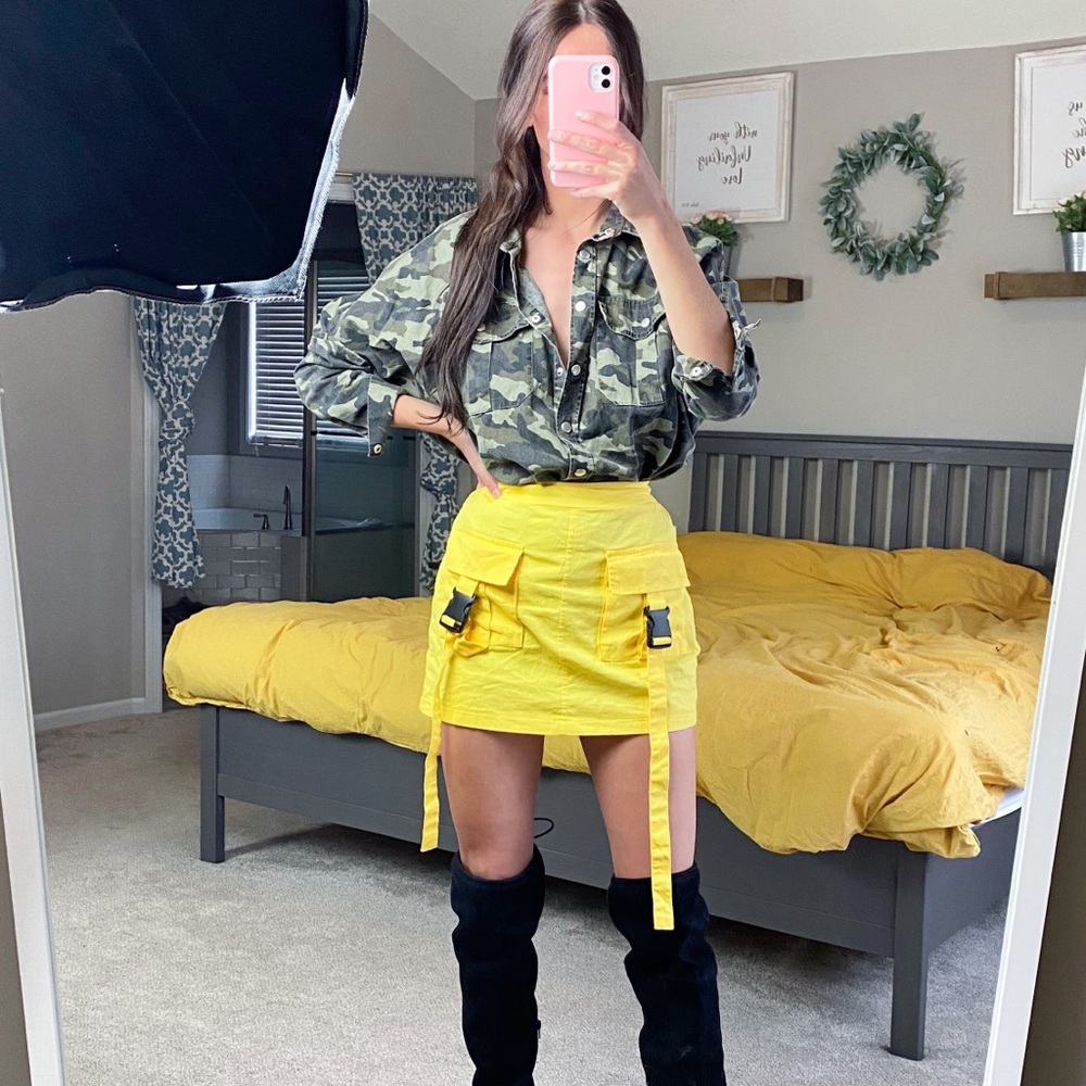 Yellow Cargo Buckle Mini Skirt